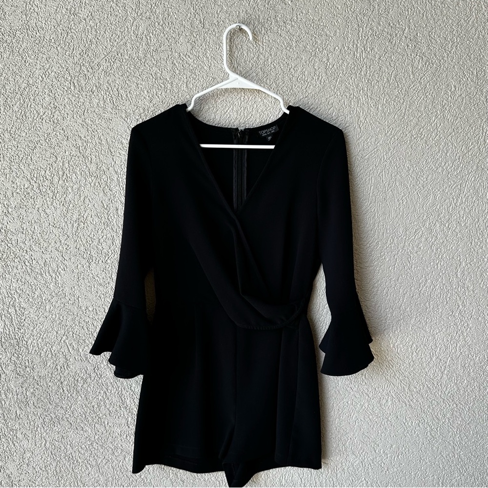 Topshop Surplice V-Neckline Romper with Bell Sleeves - Black